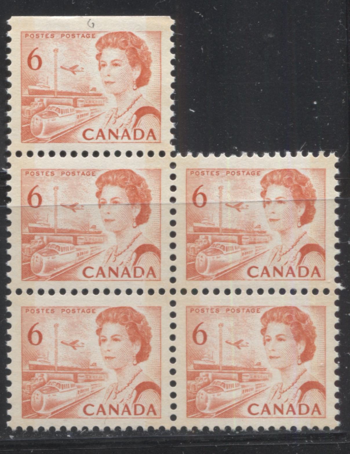 Lot 205 Canada #459bpvar 6c Red Orange Transportation, 1967-1973 Centennial Definitive Issue, A VFNH Irregular Top Sheet Block of 5, Winnipeg Tagged, On DF Paper, Perf. 12.5 x 12, Showing "Speck in Margin Below & Left of C" on LR Stamp