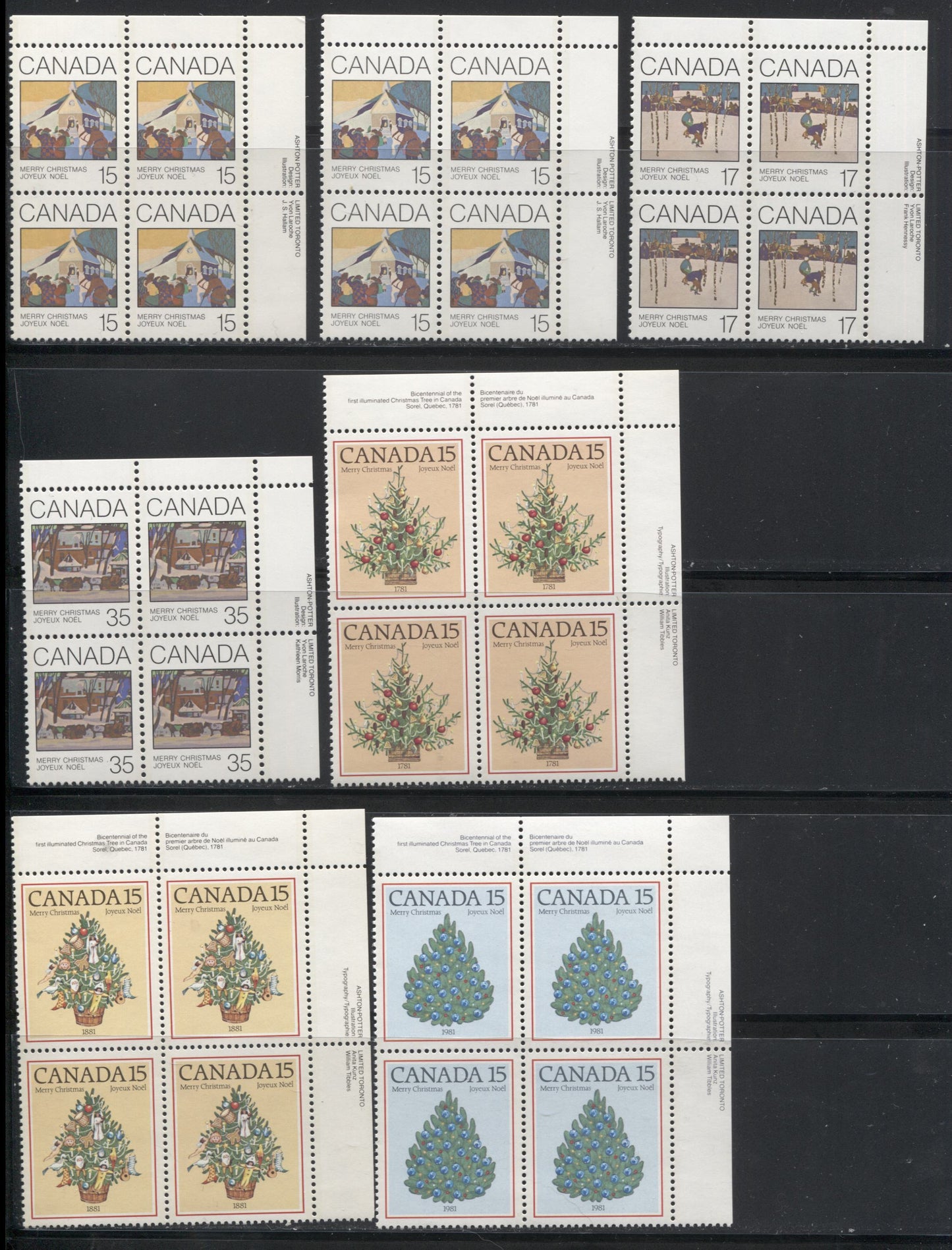 Lot 205 Canada #870/973 1980-1982 Christmas Issues - A Group of 8 Upper Right Inscription Blocks on DF/NF or DF Paper