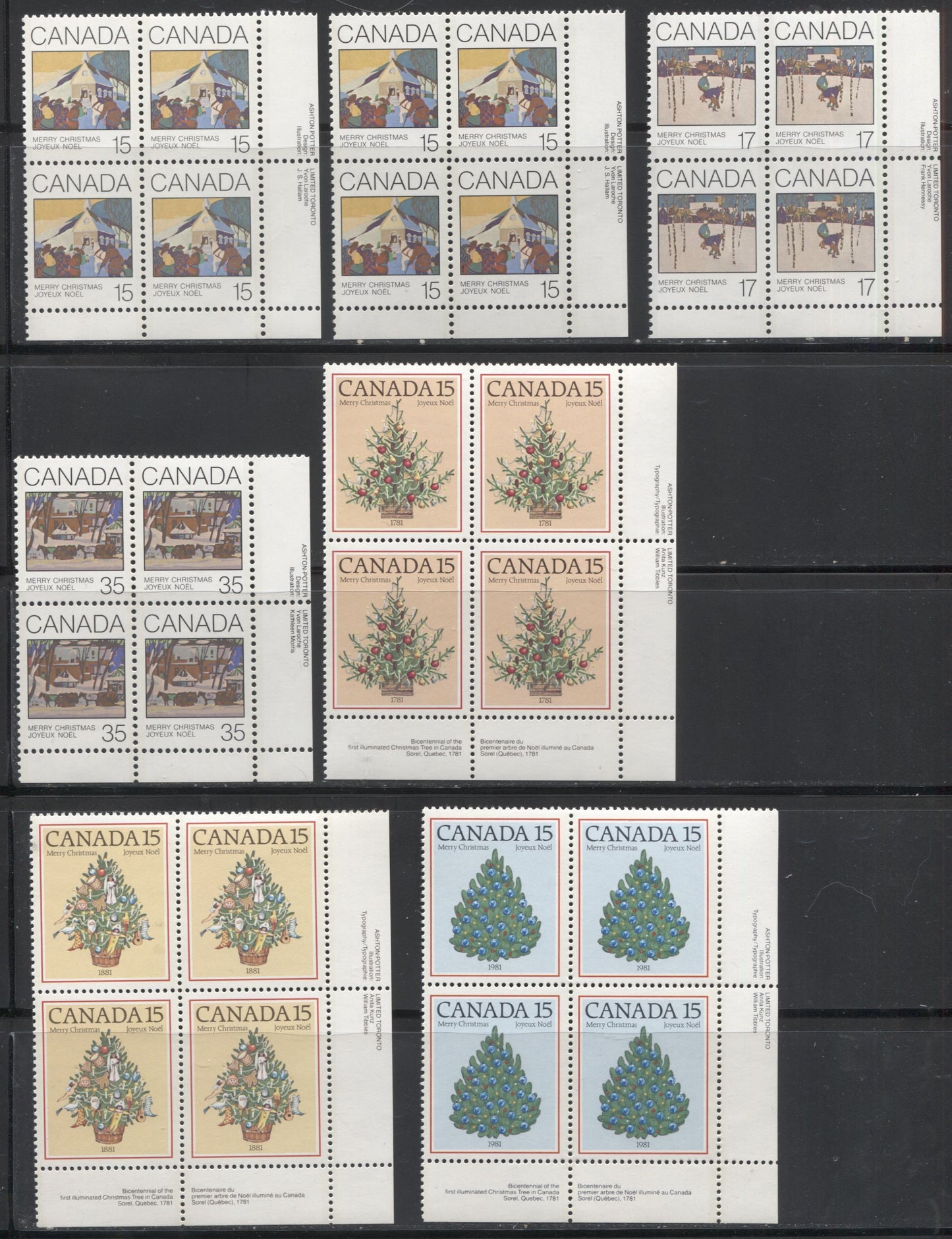 Lot 206 Canada #870/975 1980-1982 Christmas Issues - A Group of 10 Lower Right Inscription Blocks on DF/NF or DF Paper