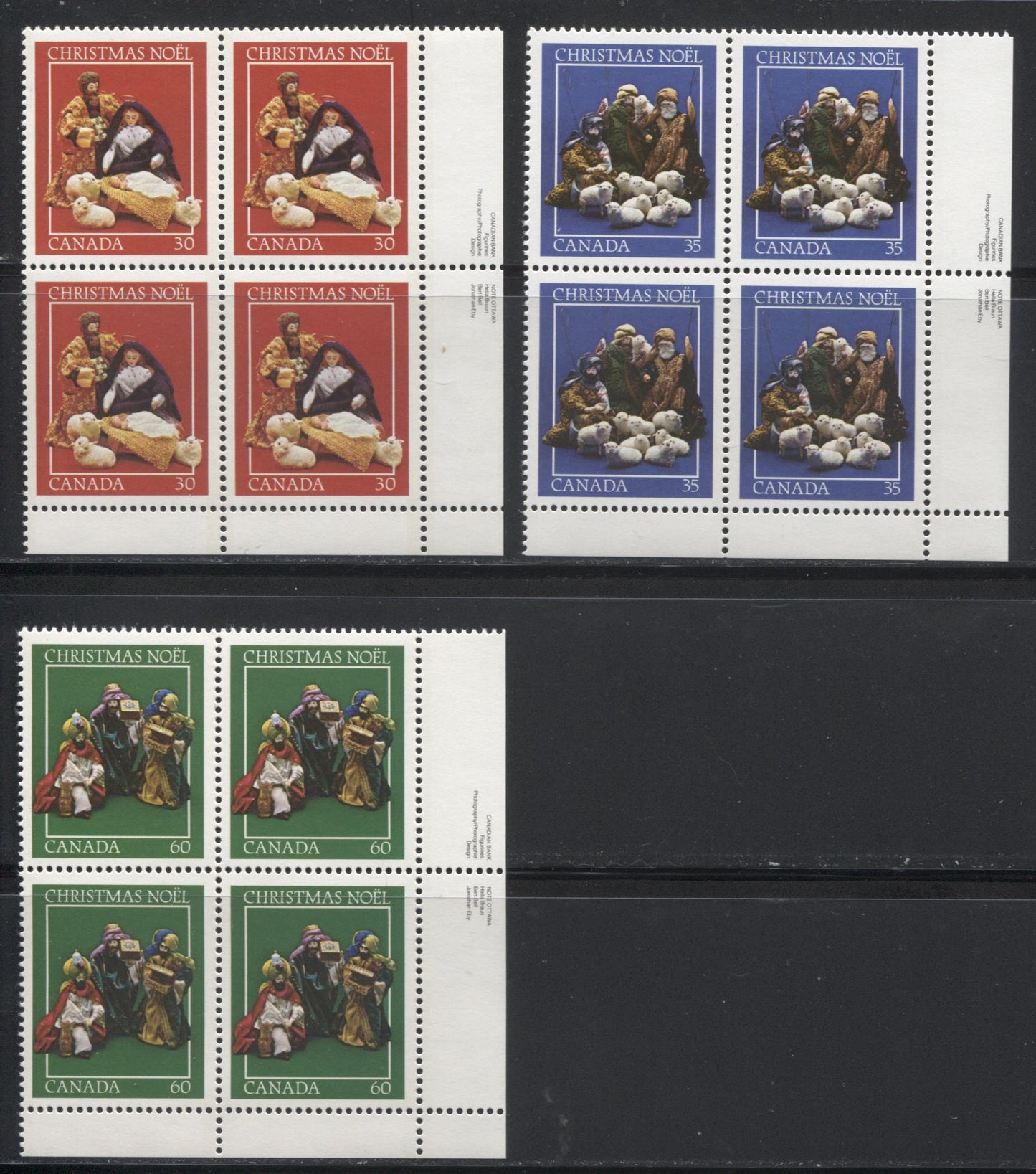 Lot 206 Canada #870/975 1980-1982 Christmas Issues - A Group of 10 Lower Right Inscription Blocks on DF/NF or DF Paper