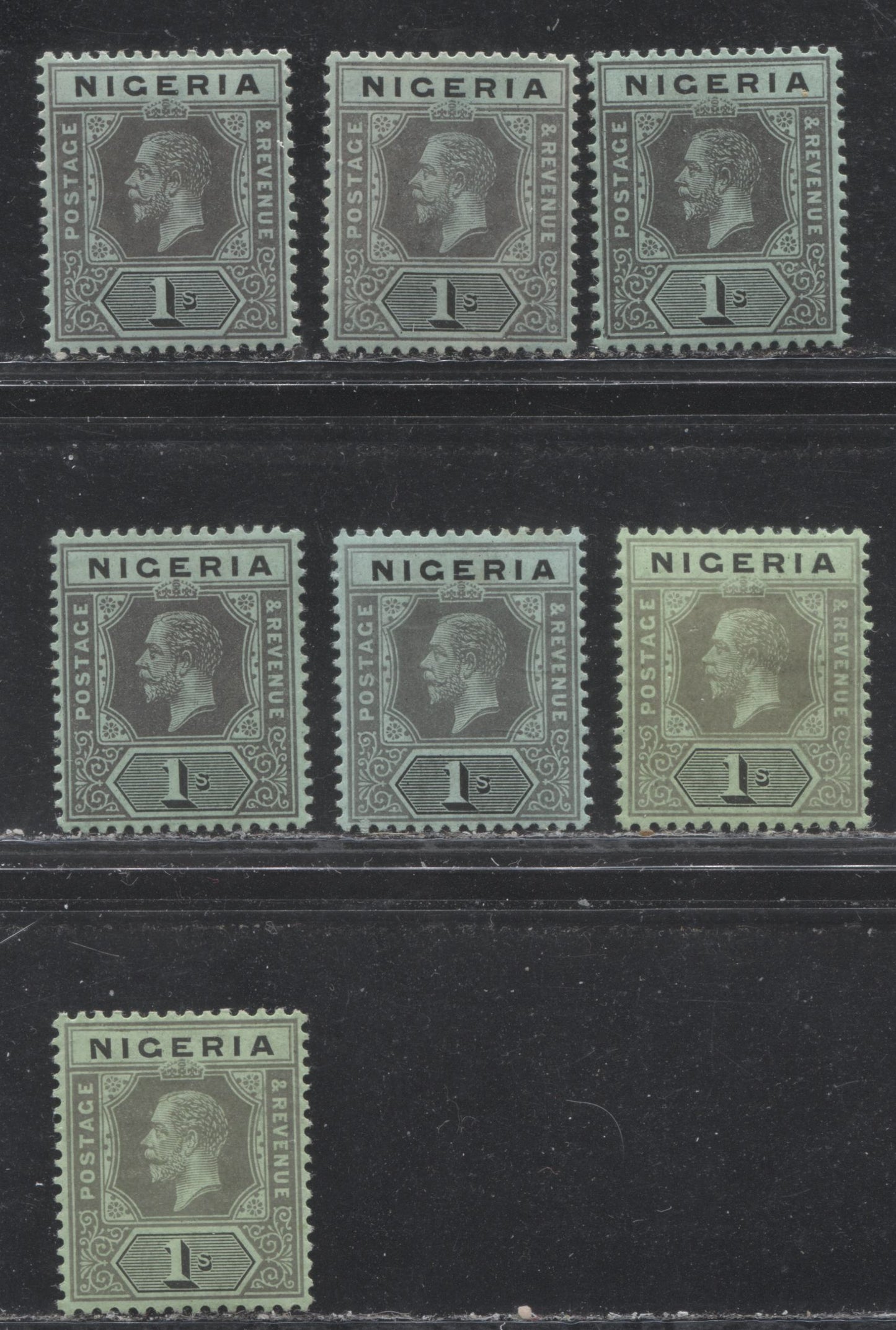 Lot 207 Nigeria SG# 8, 8c, 8f 1/- Grey & Black and Grey Black & Black on Blue Green With White, Blue Green and Emerald Backs King George V, 1914-1921 Multiple Crown CA Imperium Keyplate Issue, Seven VFOG Examples, From Different Printings