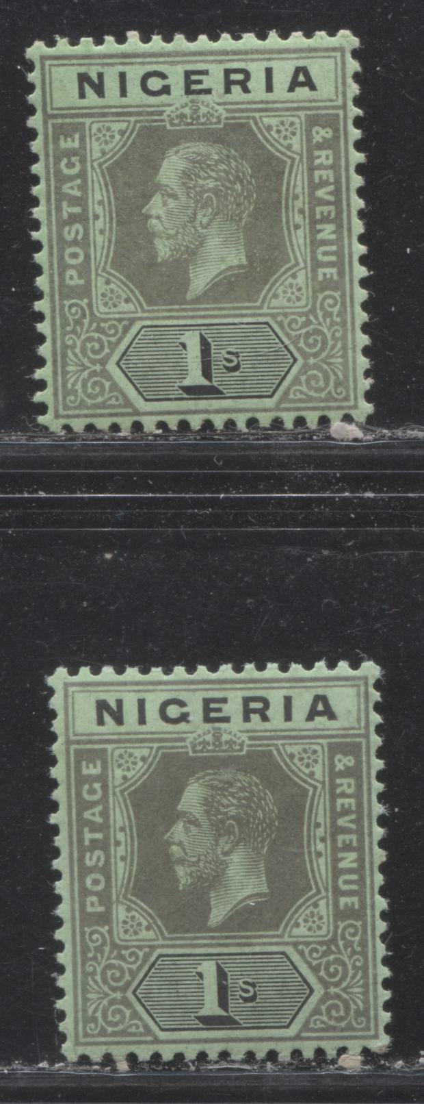 Lot 210 Nigeria SG# 8e, 8f 1/- Grey & Black on Emerald Paper With Emerald & Pale Olive Backs King George V, 1914-1921 Multiple Crown CA Imperium Keyplate Issue, Two VFNH Examples