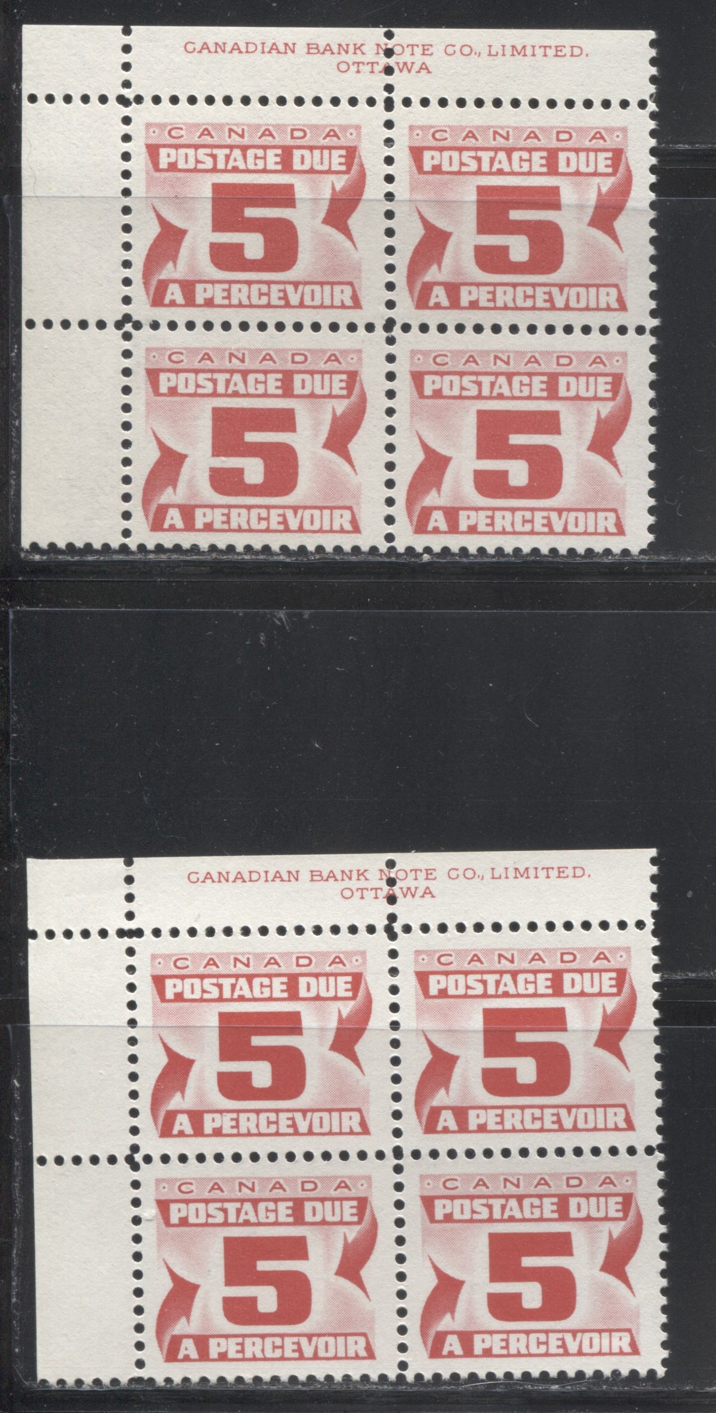 Lot 21 Canada #J25 5c Carmine Red 1967 1st Centennial Postage Due Issue, Two VFNH UL Inscription Blocks Of 4 On DF Grayish White Horizontal Ribbed & Bluish White Papers With Smooth Dex Gum, Perf 12
