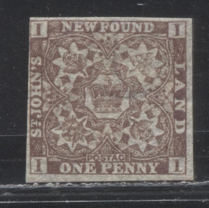 Lot 21 Newfoundland #15Aii 1d Violet Brown Crown and Heraldic Flowers, 1861-1862 Pence Issue, A Fine Unused Imperforate Single, Watermarked
