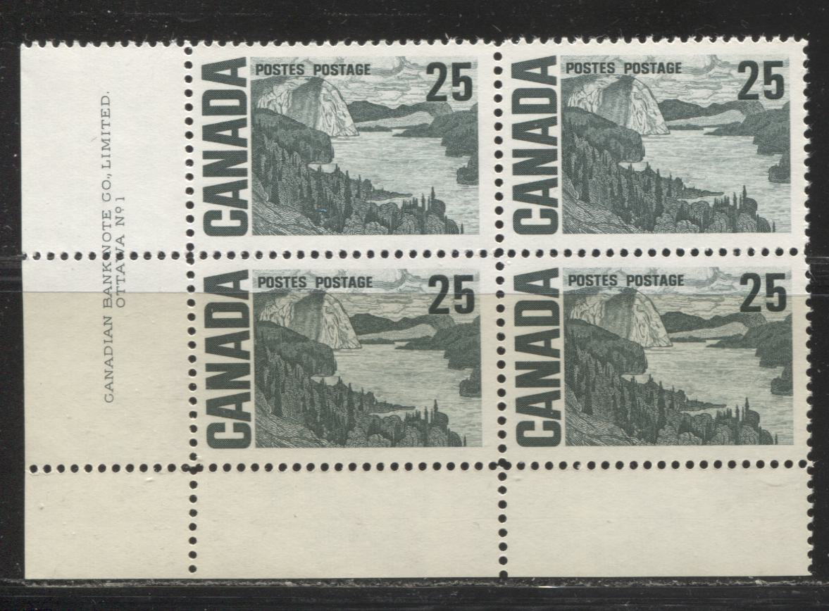 Lot 21 Canada #465i 25c Bluish Slate Green Solemn Land, 1967-1973 Centennial Definitive Issue, A VFNH LL Plate 1 Block of 4 On Dead Light Violet Vertical Wove, Vertical Ribbed Paper With Smooth Dex Gum