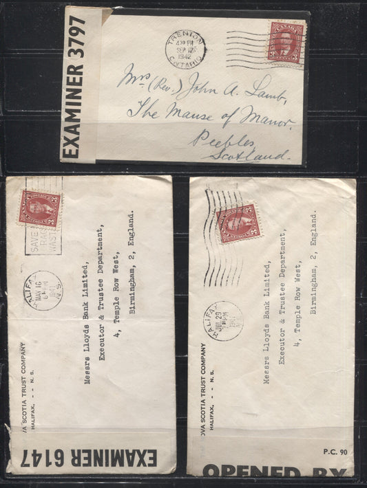 Lot 21 Canada #233 3c Carmine King George VI, 1937-1942 Mufti Issue, Single Use on Three Censored Covers to the UK