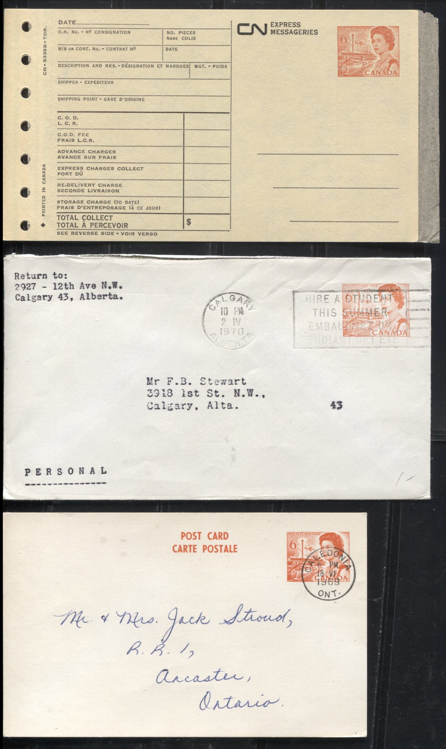 Lot 215 Canada #EKP103, P103b, EN86 6c Orange Transportation, 1967-1973 Centennial Issue, A Group of Postal Stationery Items, Mint and Used