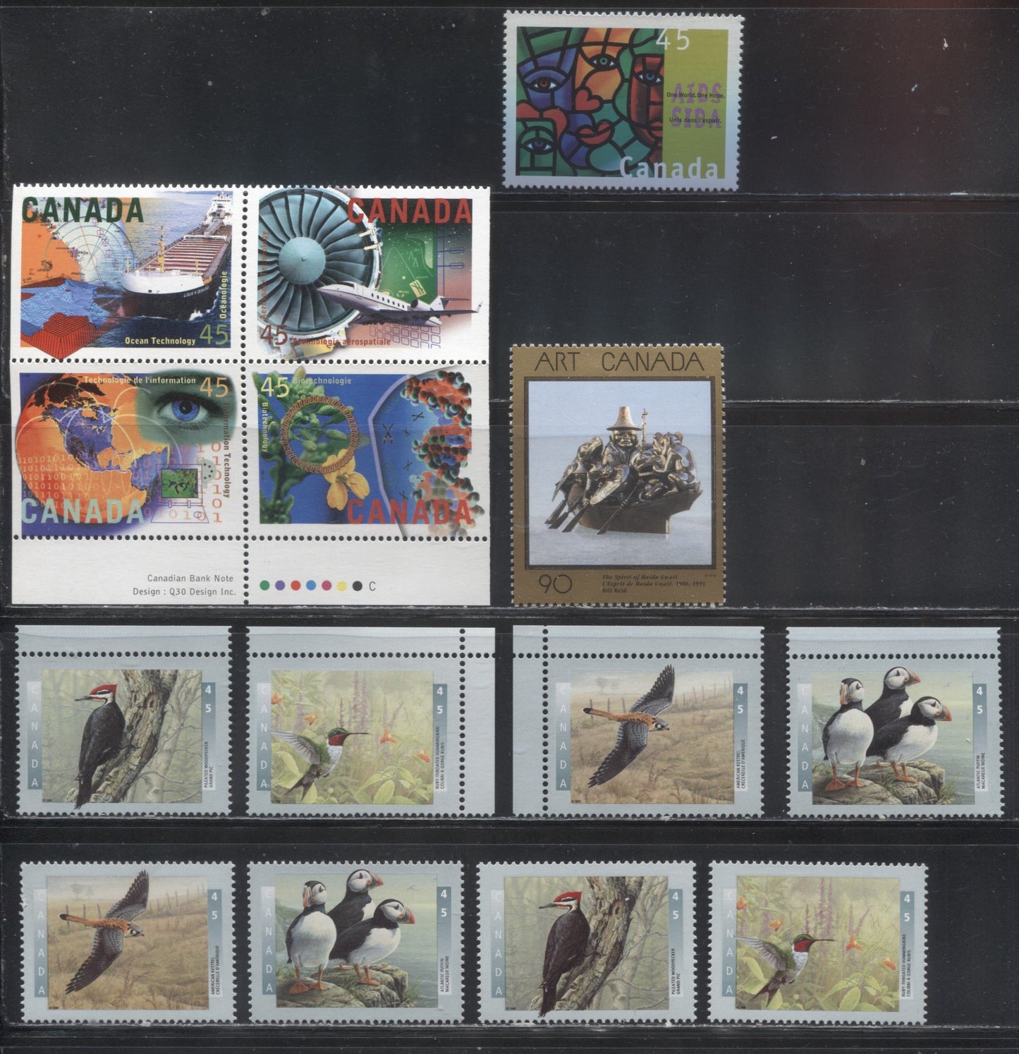 Lot 216 Canada #1591-1598, 1602-1603 45c Multicoloured Stamps 1996 Birds - Art Canada Issue, VFNH Singles and Se-Tenant Block Including MF Paper Varieties