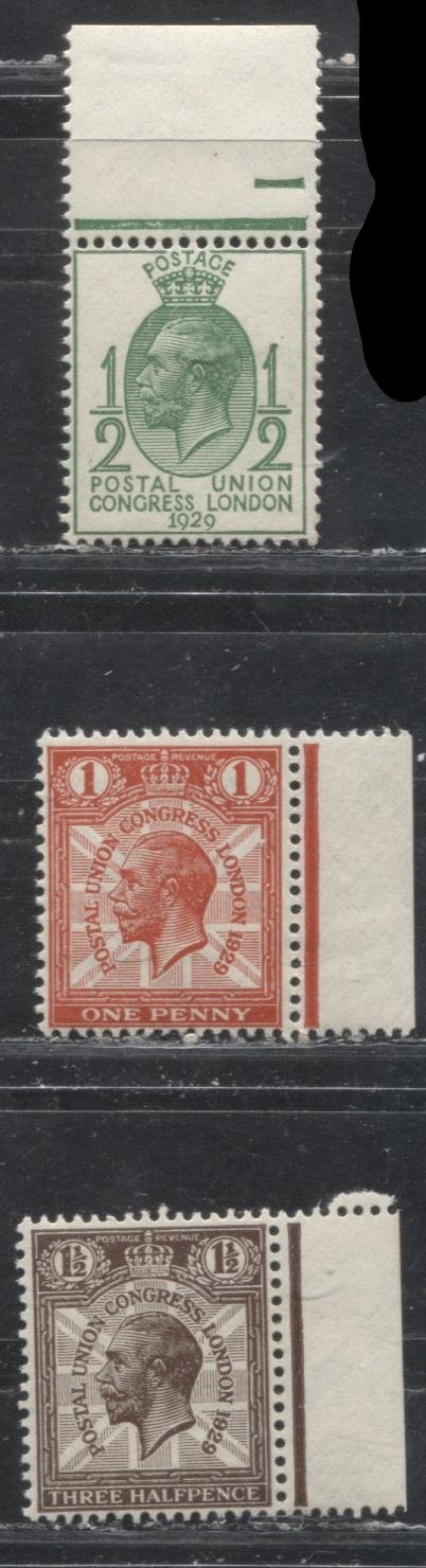 Lot 217 Great Britain SG#434-436 1/2d, 1d, 1.5d Green, Scarlet & Brown King George V, 1929 Postal Union Congress Issue, Three Fine NH and VFNH Examples