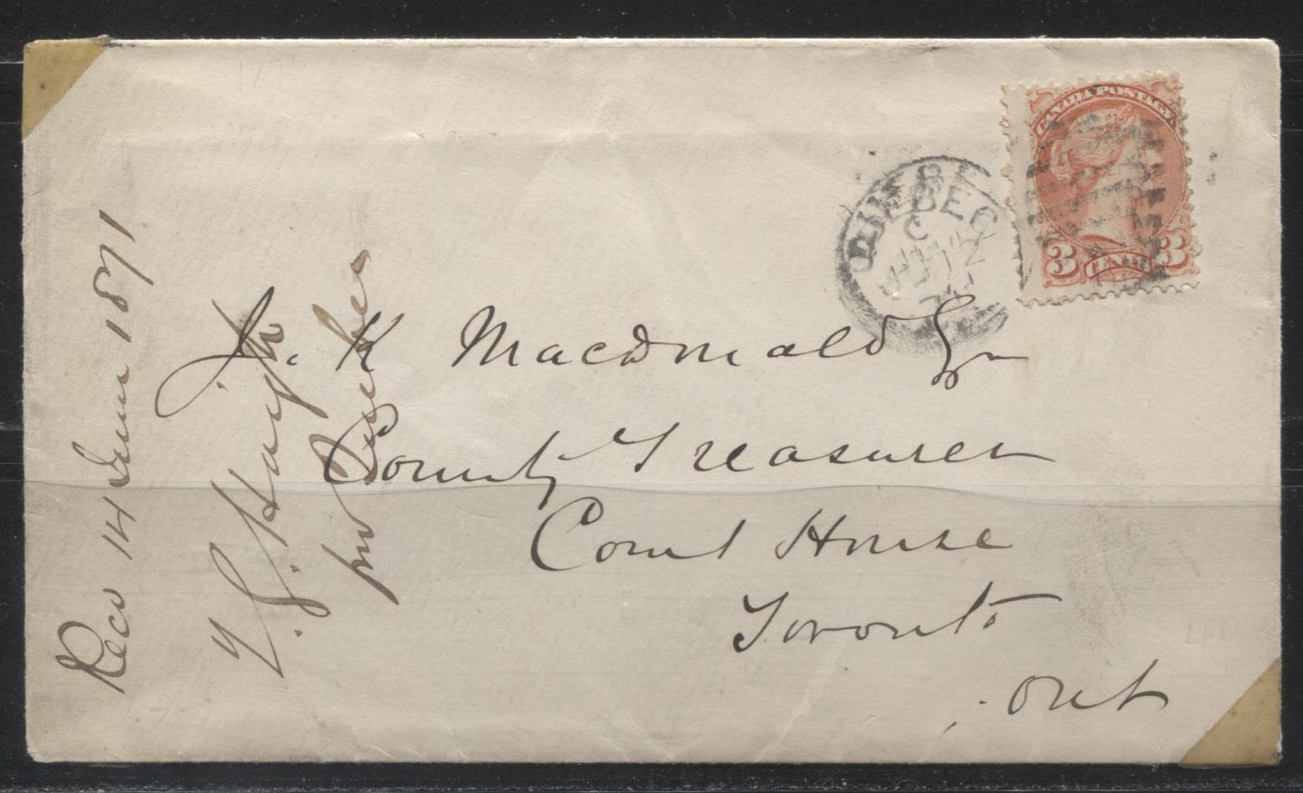 Lot 219 Canada #37a 3c  Queen Victoria, 1870-1897 Small Queen Issue, A Fine Domestic Cover Franked With the 3c Rose First Ottawa Printing