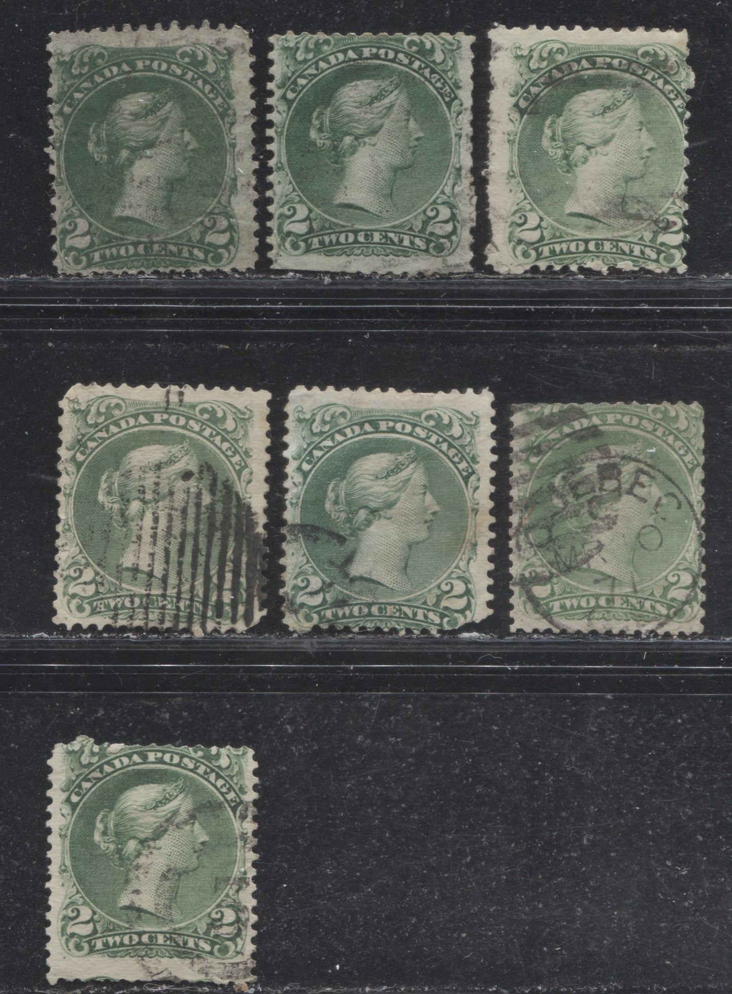 Lot 22 Canada #24 2c Green Queen Victoria, 1868-1897 Large Queen Issue, A Study Lot Of 7 Ungraded Used Singles With Different Shades And Papers