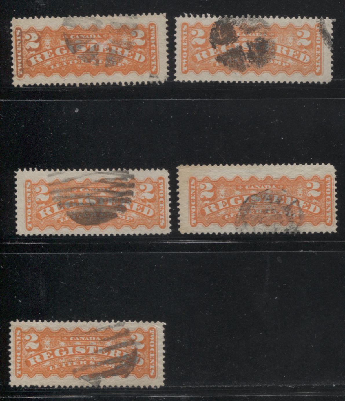 Lot 189 Canada #F1 2c Orange Engine Turning, 1875-1888 Registration Issue, Fine Used Examples Montreal, Various Perfs, Vertical and Horizontal Wove, Nice Range of Shades