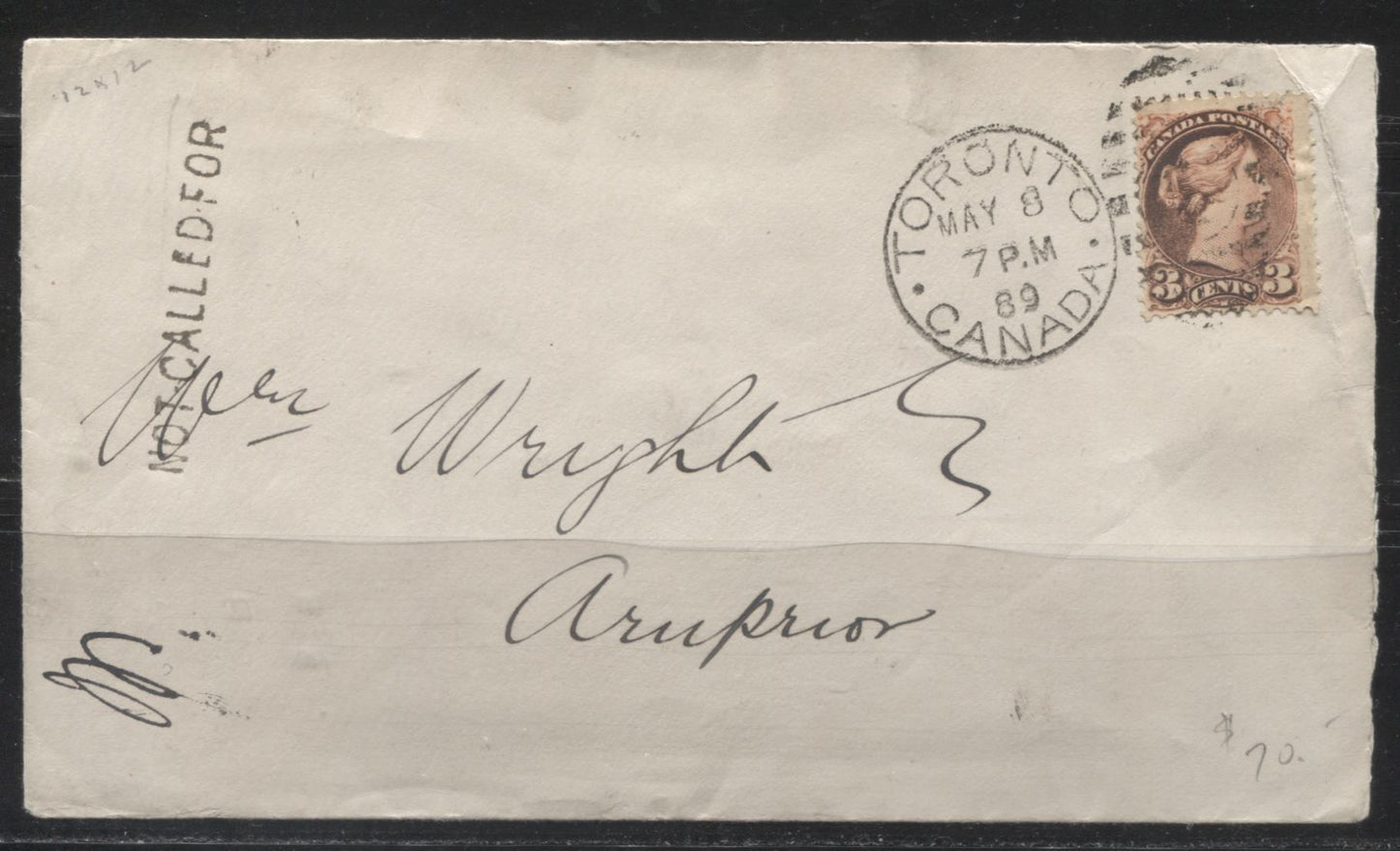Lot 222 Canada #37 3c  Queen Victoria, 1870-1897 Small Queen Issue, A Fine Single Franking Dead Letter Office "Not Called For" Cover From 1889