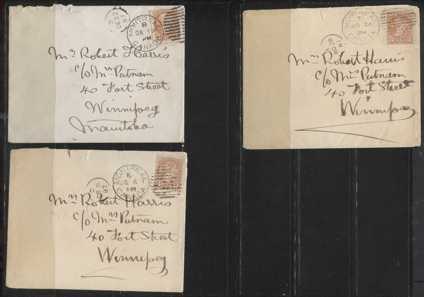 Lot 223 Canada #37 3c  Queen Victoria, 1870-1897 Small Queen Issue, Three VG-F Single Franking Covers Sent to the Same Recipient in 1887