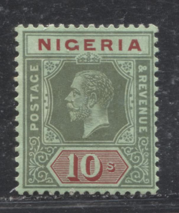 Lot 223 Nigeria SG# 11c 10/- Green & Red on Emerald Paper With Pale Olive Back King George V, 1914-1921 Multiple Crown CA Imperium Keyplate Issue, A VFOG Example