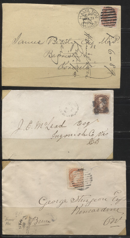 Lot 224 Canada #37 3c  Queen Victoria, 1870-1897 Small Queen Issue, Three Fine Single Franking Covers, Franked With Late Montreal Printings