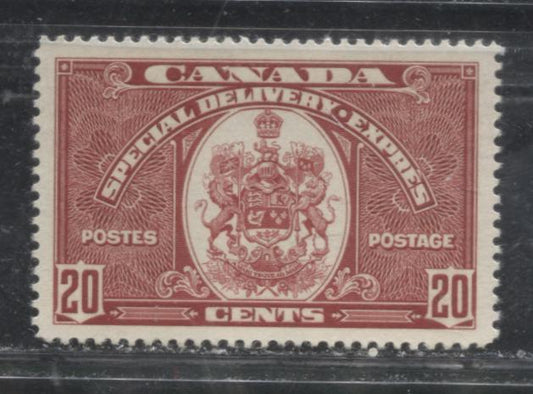 Lot 225 Canada #E8 20c Carmine Red Arms of Canada 1937-1942 Mufti Issue, A VFOG Example, Deep Cream Gum With a Semi-Gloss Sheen, Vertical Wove With No Clear Mesh