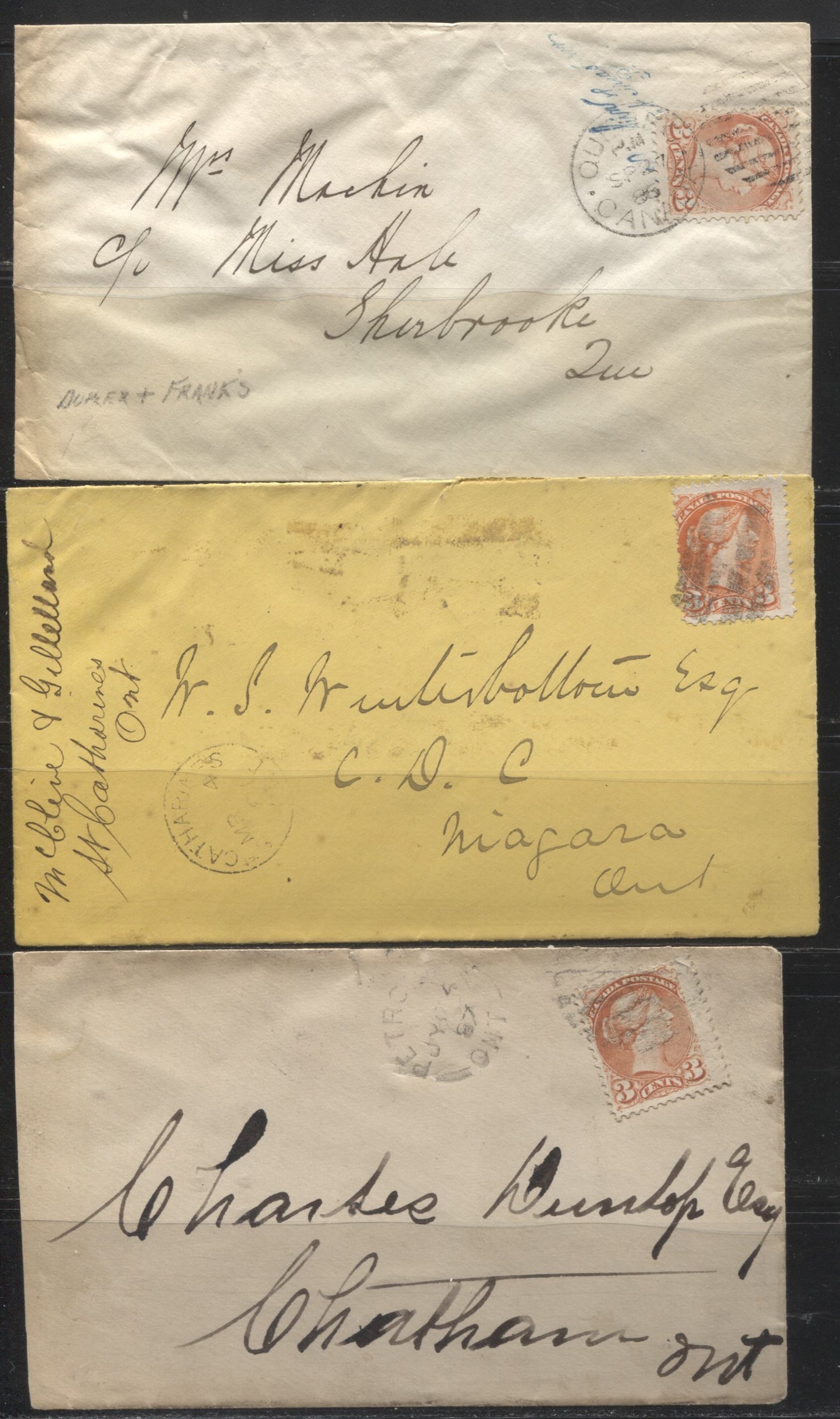 Lot 225 Canada #37 3c  Queen Victoria, 1870-1897 Small Queen Issue, Three Fine Single Franking Covers, Franked With Mid to Late Montreal Printings, All Different Shades