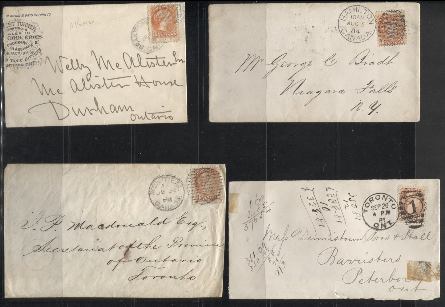 Lot 226 Canada #37 3c  Queen Victoria, 1870-1897 Small Queen Issue, Four VG-F Single Franking Coversm Franked With Montreal Printings, Including one Perf. 11.5 x 12