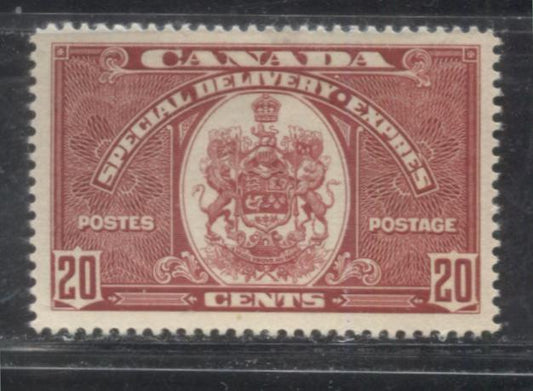 Lot 226 Canada #E8 20c Carmine Red Arms of Canada 1937-1942 Mufti Issue, A VFOG Example, Deep Cream Gum With a Semi-Gloss Sheen, Vertical Wove With Distinct Horizontal Mesh