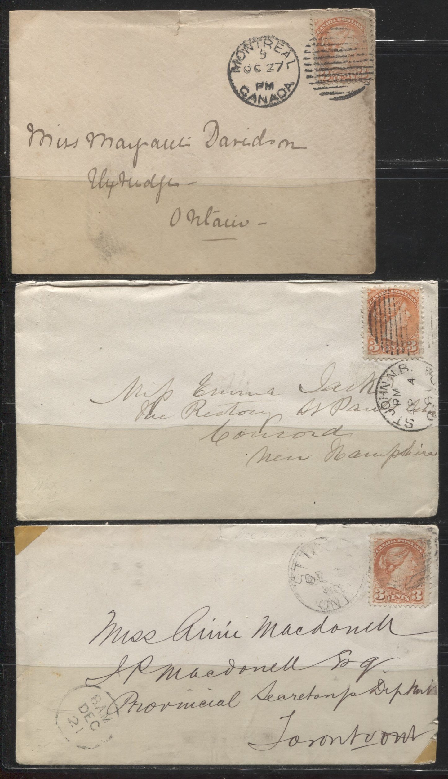 Lot 227 Canada #37 3c  Queen Victoria, 1870-1897 Small Queen Issue, Three Fine Single Franking Covers, Franked With Montreal Printings, Different Shades