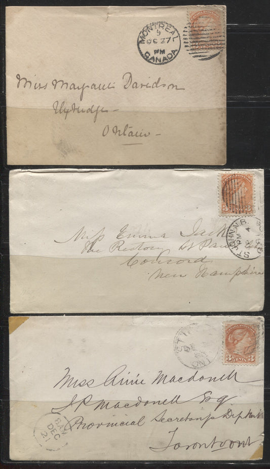 Lot 227 Canada #37 3c  Queen Victoria, 1870-1897 Small Queen Issue, Three Fine Single Franking Covers, Franked With Montreal Printings, Different Shades