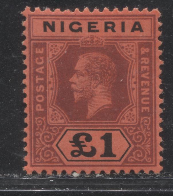Lot 227 Nigeria SG# 12a One Pound Purple & Black on Red King George V, 1914-1921 Multiple Crown CA Imperium Keyplate Issue, A VFOG Example, Die 1