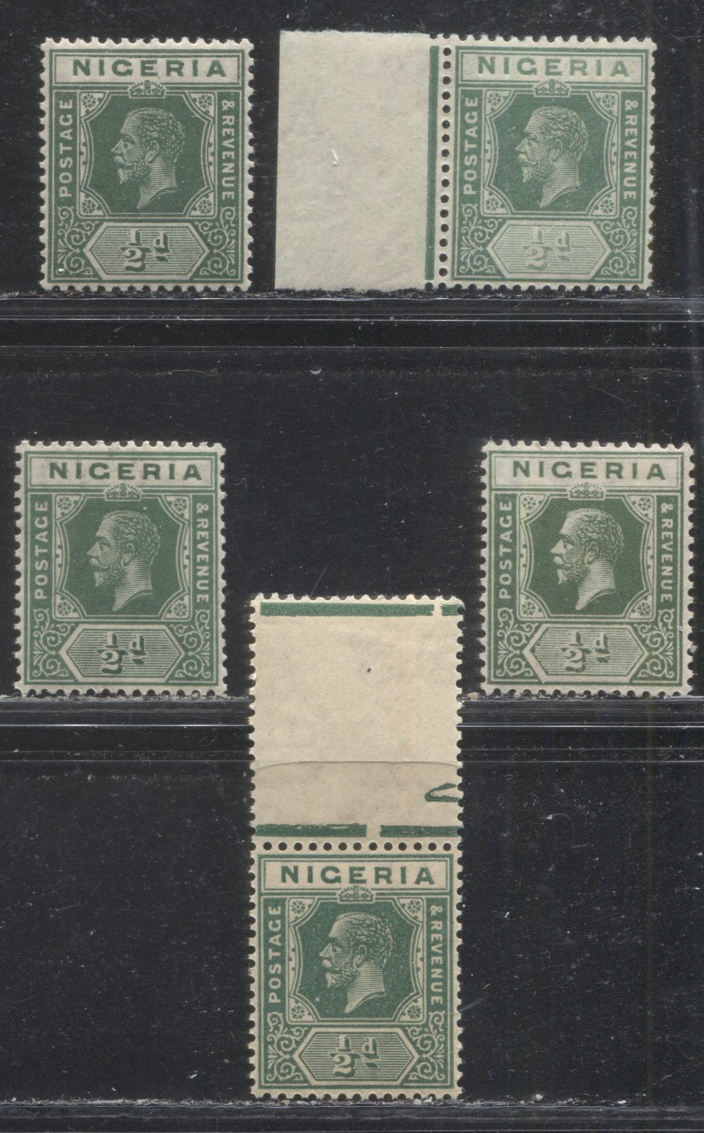 Lot 229 Nigeria SG# 15-15b 1/2d Green, Deep Green & Myrtle Green King George V, 1921-1932 Multiple Script CA Imperium Keyplate Issue, Five Fine NH and VFNH Examples, Dies 1 and 2, All From Different Printings