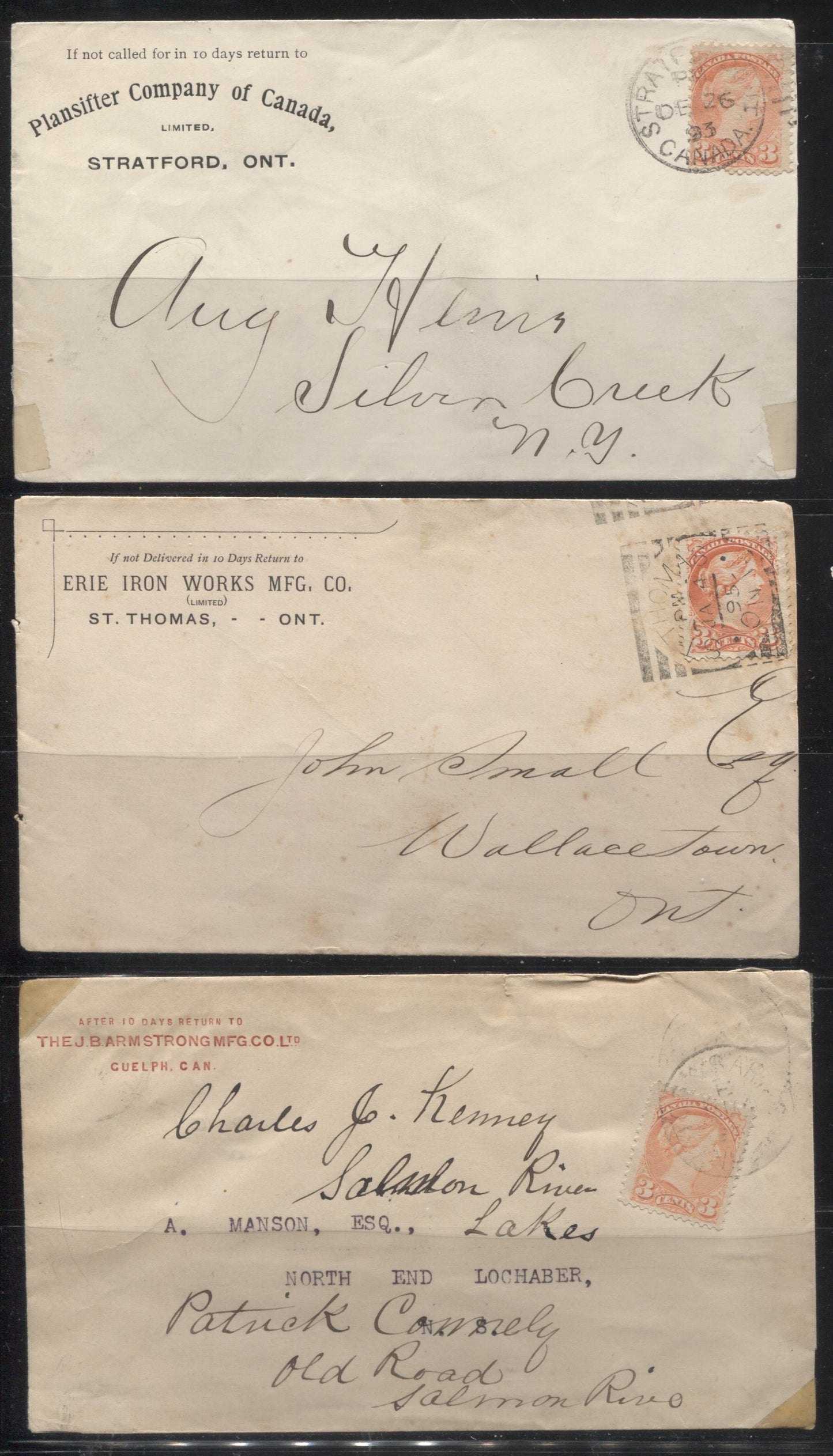 Lot 229 Canada #41 3c  Queen Victoria, 1870-1897 Small Queen Issue, Four Fine Corner Card Commercial Single Franking Covers, All Franked With Second Ottawa Printings