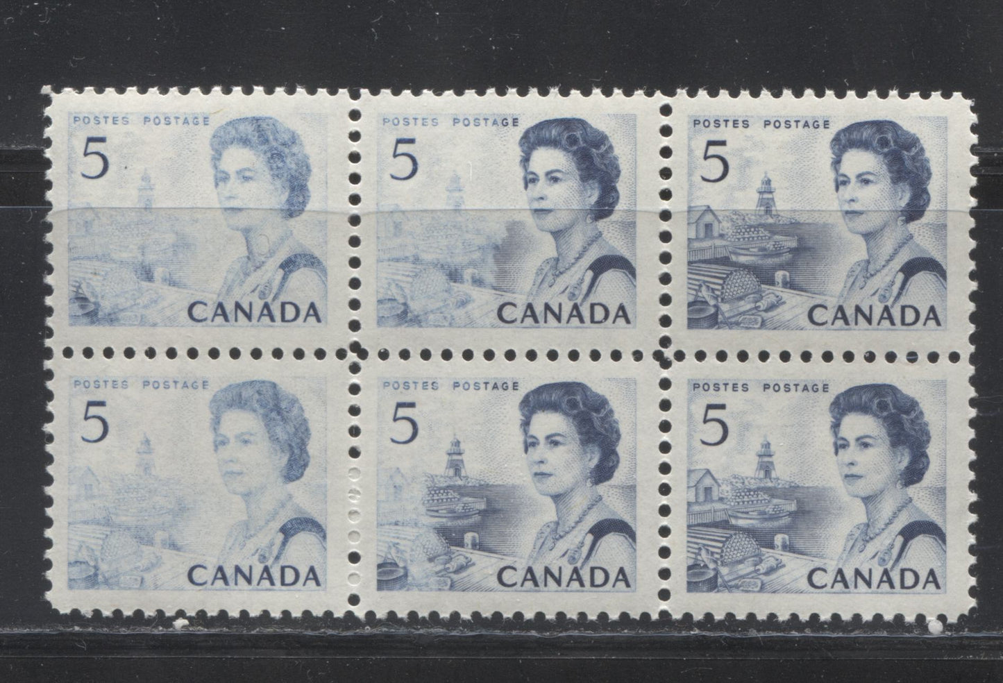 Lot 229 Canada #458ii 5c Blue Fishing Village, 1967-1973 Centennial Definitive Issue, A VFNH Block of 6 Showing Underinking Error, Ex Prince