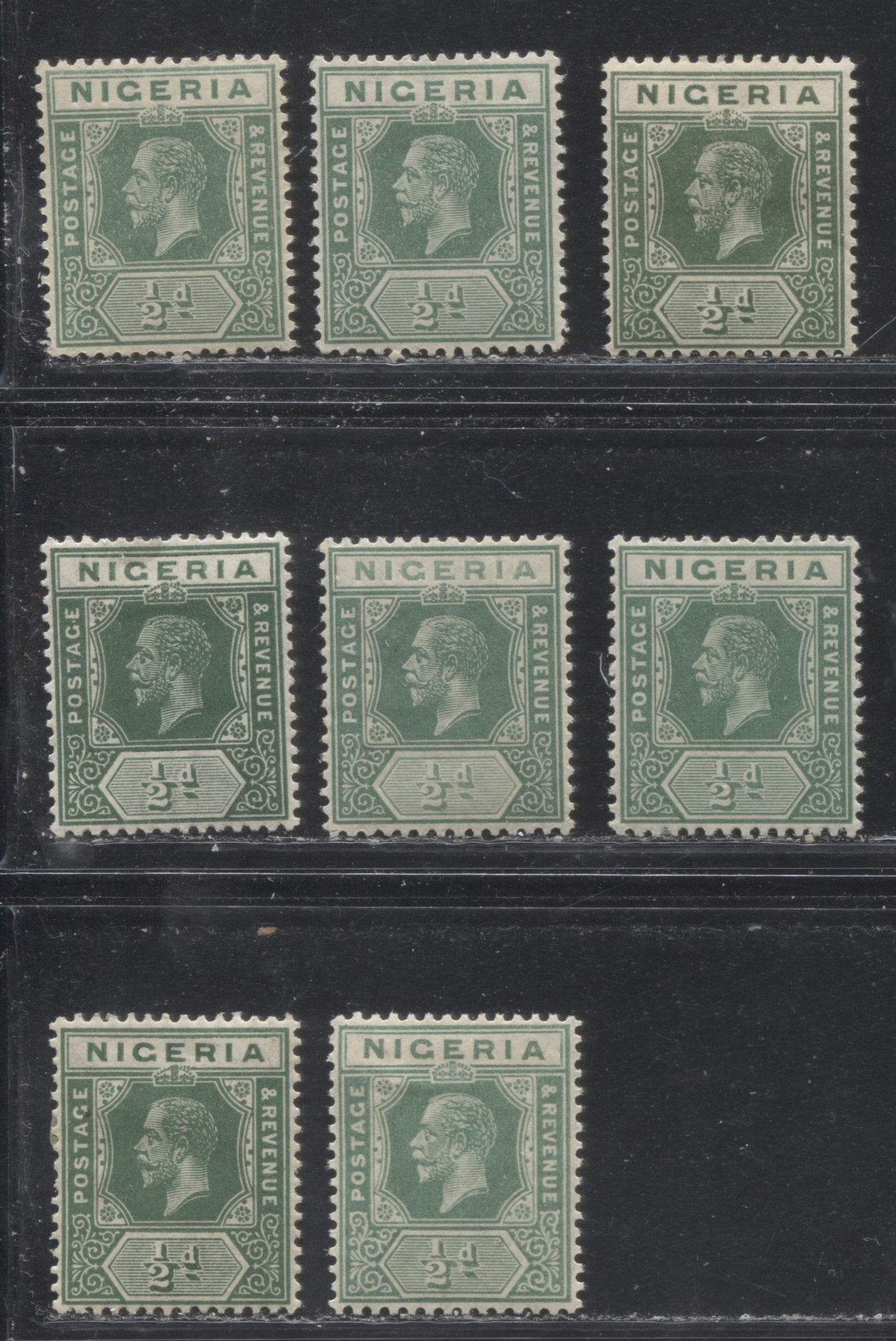 Lot 230 Nigeria SG# 15 1/2d Green, Pale Green & Myrtle Green King George V, 1921-1932 Multiple Script CA Imperium Keyplate Issue, Eight VFOG Examples, Die 1, All From Different Printings, With Different Head and Duty Plate Shades