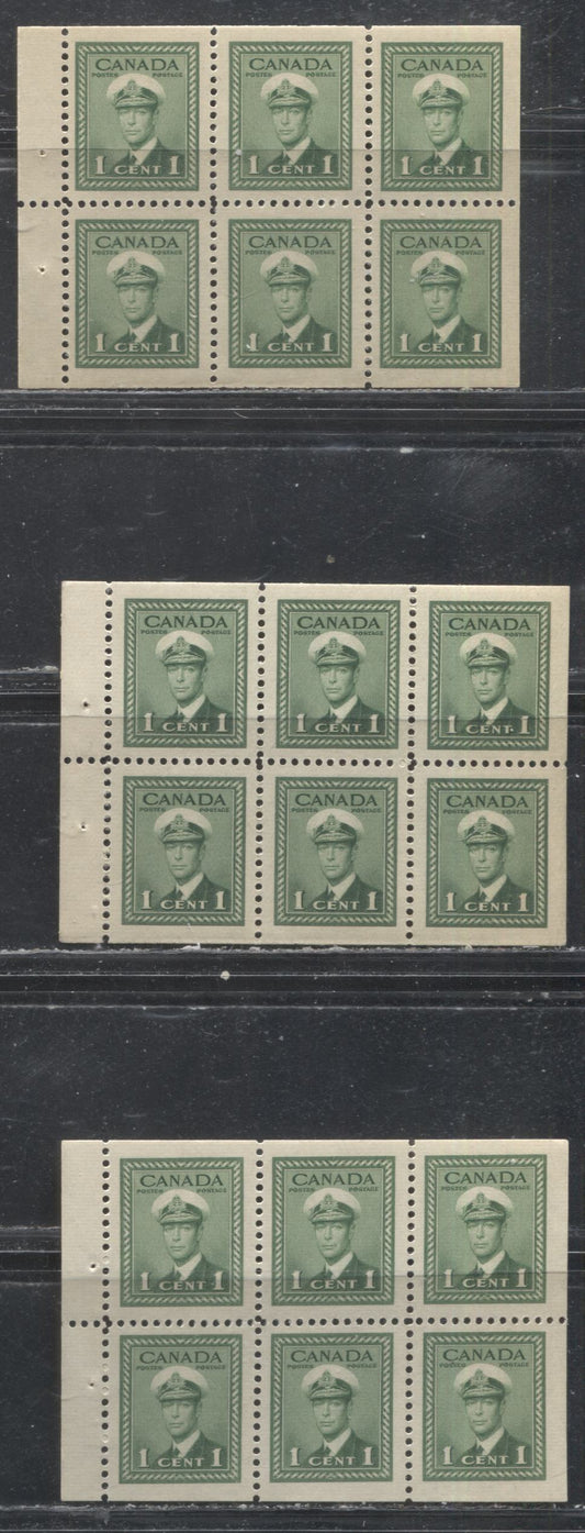 Lot 231 Canada #249b 1c Green King George VI  1942-1949 War Issue, VFNH Booklet Panes of 6, Horizontal Ribbed Paper, 2 Types of Gum Showing "Extended A in Canada" on UR Stamp