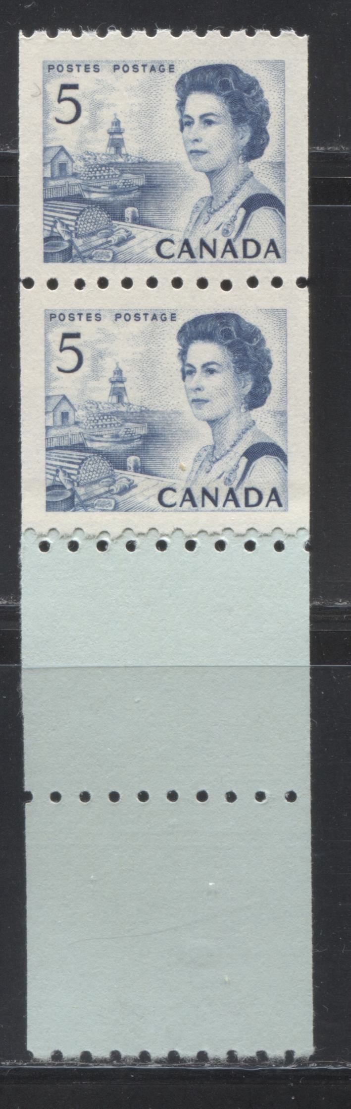 Lot 232 Canada #468 5c Blue Fishing Village, 1967-1973 Centennial Definitive Issue, A VFNH Coil End Strip of 2 Stamps and 2 Tabs, DF Greyish White, Vertical Wove, Streaky Dex