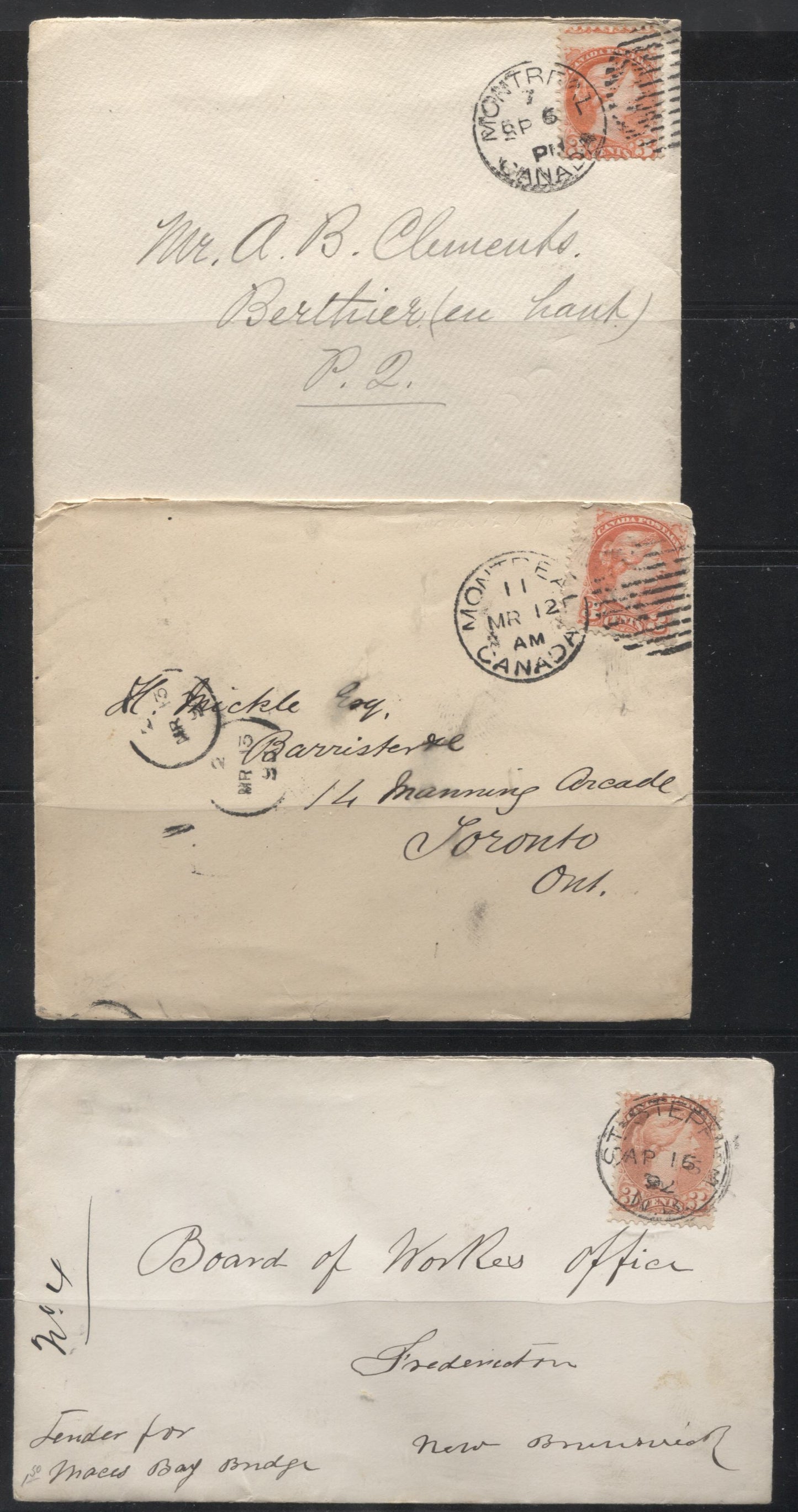 Lot 232 Canada #41 3c  Queen Victoria, 1870-1897 Small Queen Issue, Six Fine to VF Single Franking Covers, All Franked With Second Ottawa Printings