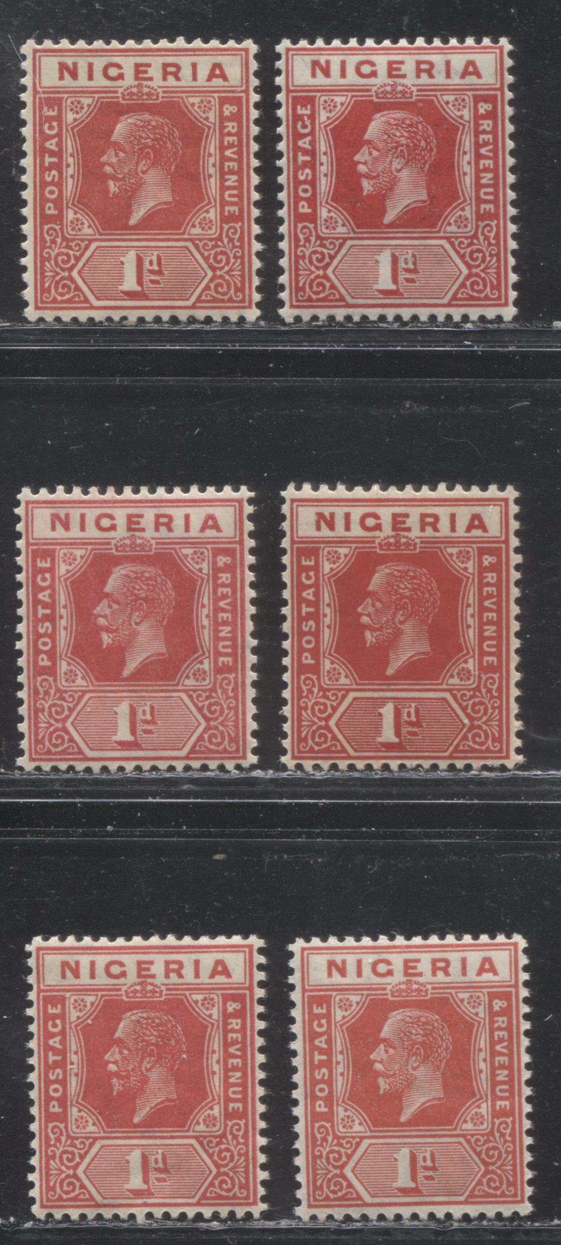 Lot 233 Nigeria SG# 16b 1d Red King George V, 1921-1932 Multiple Script CA Imperium Keyplate Issue, Six Fine NH and VFNH Examples, Die 2, All From Different Printings, With Different Head and Duty Plate Shades