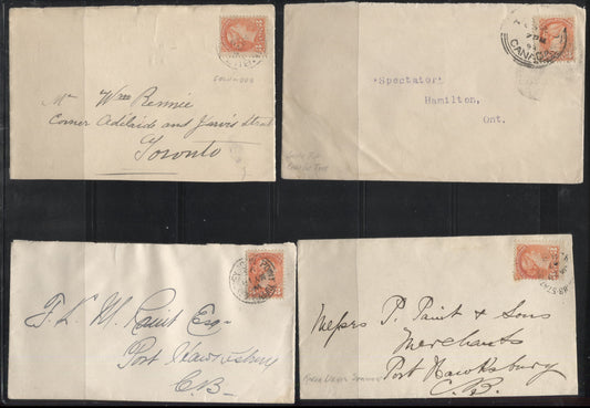 Lot 233 Canada #41 3c  Queen Victoria, 1870-1897 Small Queen Issue, Four Fine and VF Single Franking Covers, All Franked With Second Ottawa Printings
