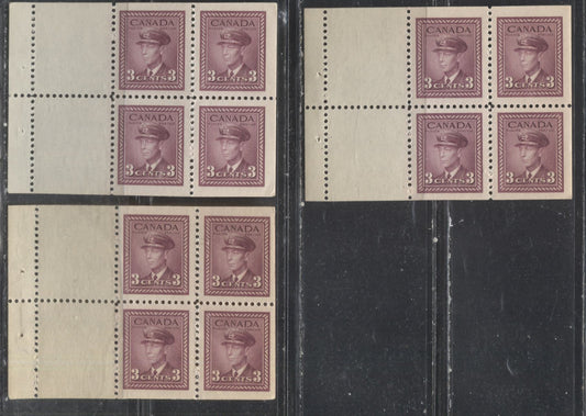 Lot 237 Canada #252a 3c Rosy Plum, Deep Claret & Brownish Claret King George VI  1942-1949 War Issue, VFNH Booklet Panes of 4 + 2 Labels, Vertical Wove With No Mesh, Deep Cream Gum With a Semi-Gloss Sheen