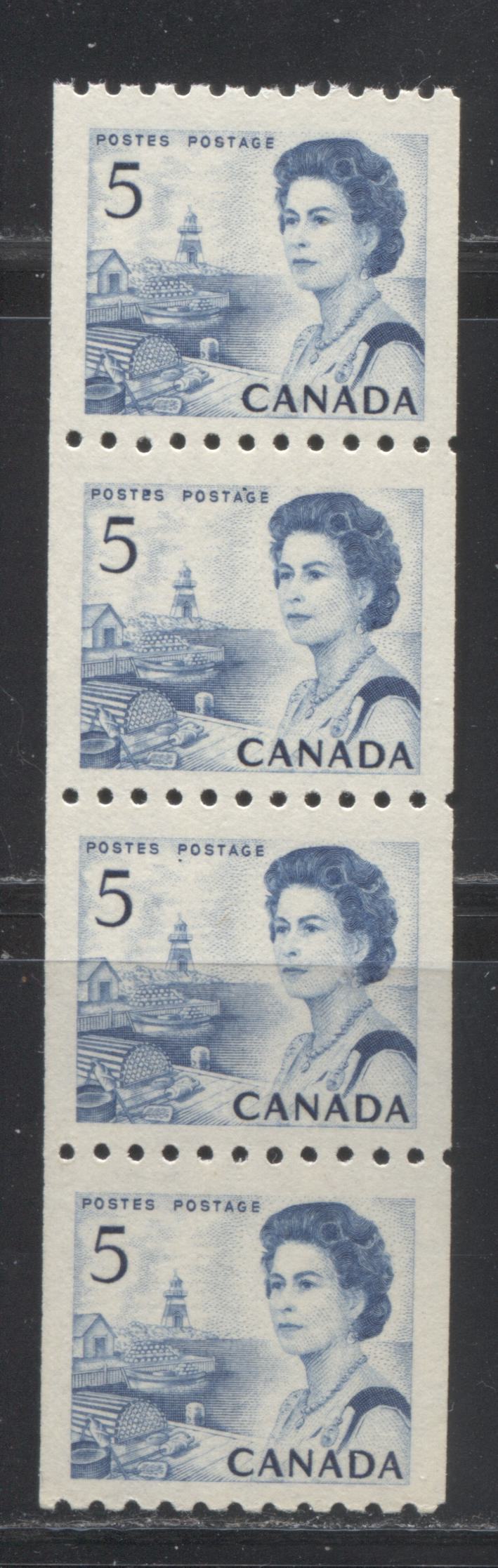 Lot 237 Canada #468i 5c Blue Fishing Village, 1967-1973 Centennial Definitive Issue, A VFNH Coil Strip, LF-fl Greyish, Vertical Wove, Smooth Glossy Dex, Showing Dot Between AG of Postage and Below P