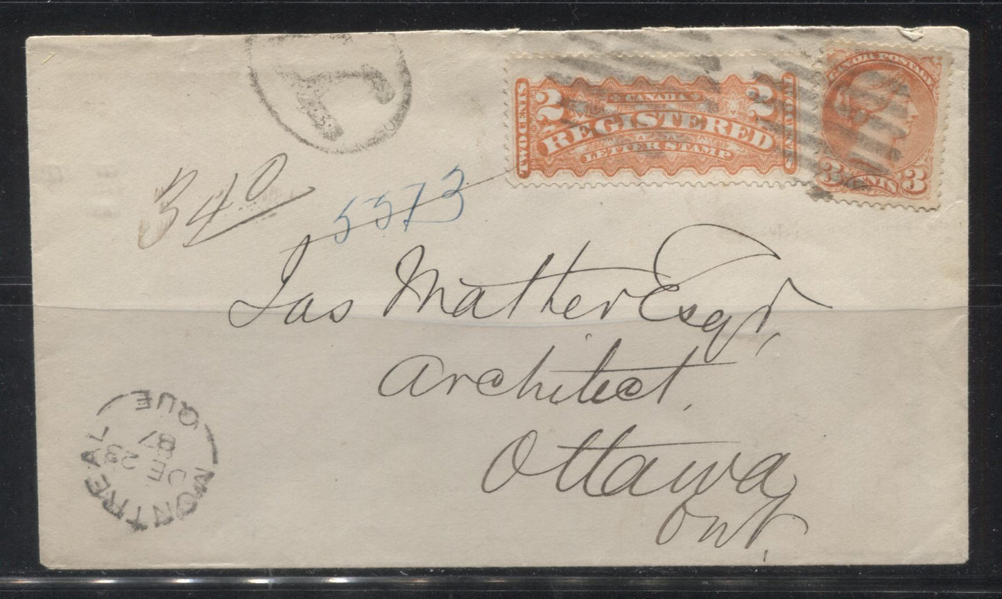 Lot 237 Canada #37, F1a 2c-3c  Queen Victoria, 1870-1897 Small Queen Issue, A VF Combination Registered and 3c Small Queen Franking on 1887 Cover to Ottawa