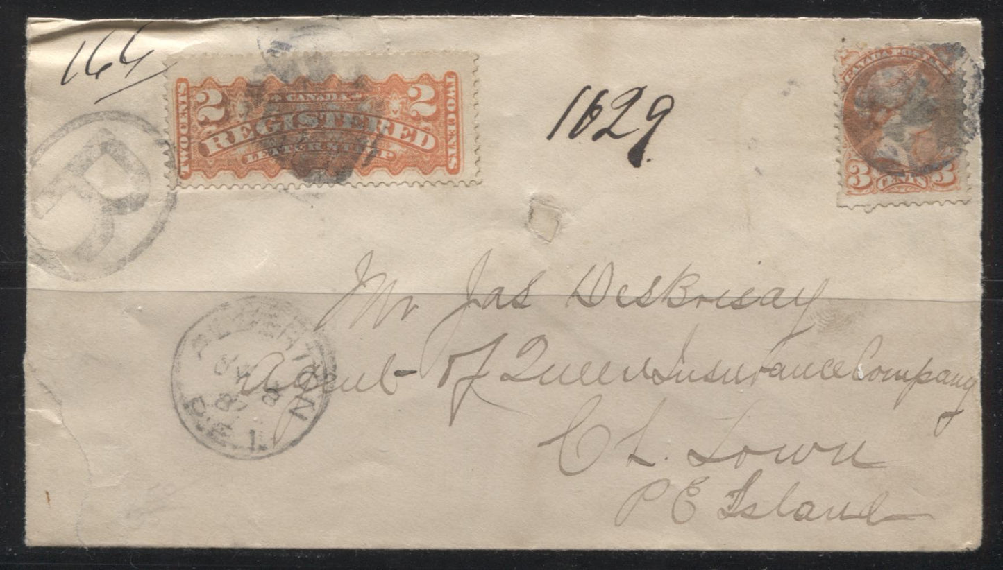 Lot 238 Canada #37, F1 2c-3c  Queen Victoria, 1870-1897 Small Queen Issue, A Fine Combination Registered and 3c Small Queen Franking on 1887 Cover to Prince Edward Island
