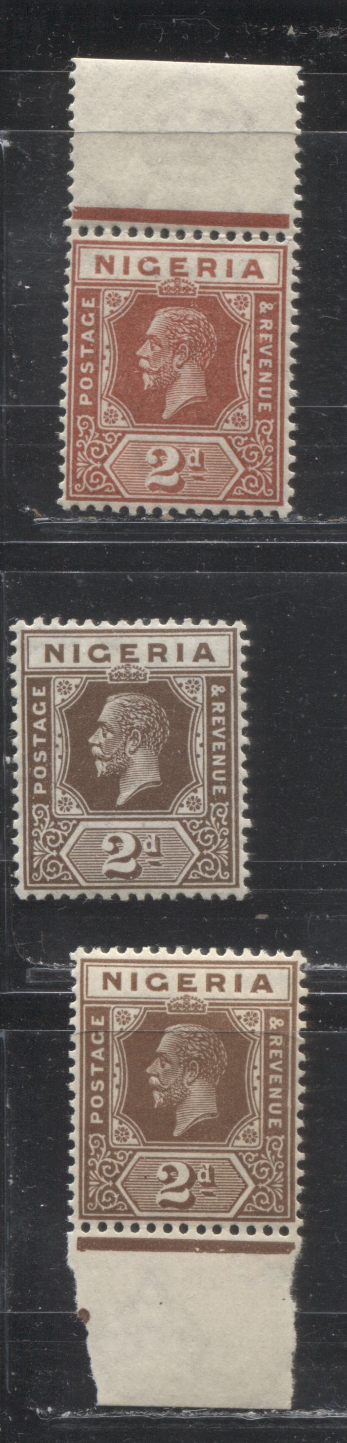 Lot 239 Nigeria SG# 19-20 2d Chestnut, Brown and Dark Brown King George V, 1921-1932 Multiple Script CA Imperium Keyplate Issue, Three VFNH Examples, Die 2