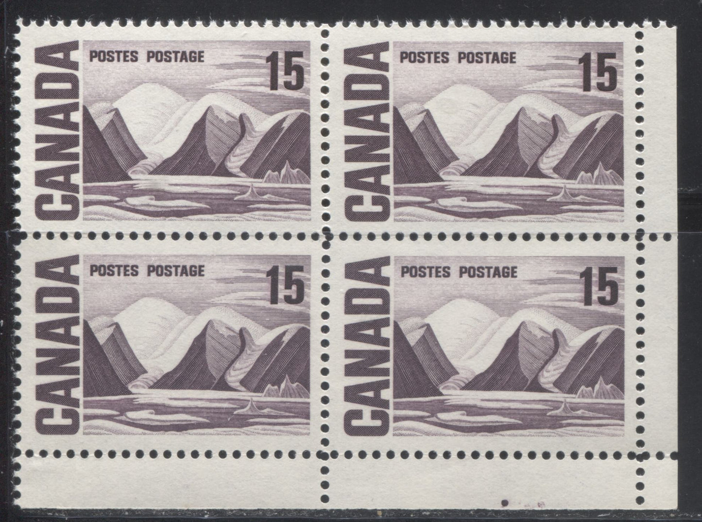 Lot 24 Canada #463ii 15c Deep Reddish Violet Greenland Mountains, 1967-1973 Centennial Definitive Issue, A VFNH LR Field Stock Block Of 4 On HB11 Vertical Wove, Vertical Ribbed Paper With Smooth Dex Gum Guide Dot in Lower Selvedge