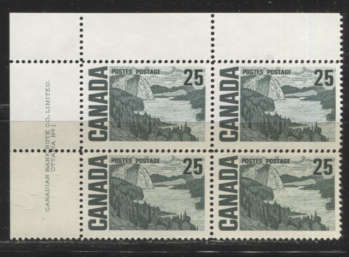 Lot 24 Canada #465i 25c Bluish Slate Green Solemn Land, 1967-1973 Centennial Definitive Issue, A FNH UL Plate 1 Block of 4 On NF Light Violet Vertical Wove Paper With Smooth Satin Dex Gum