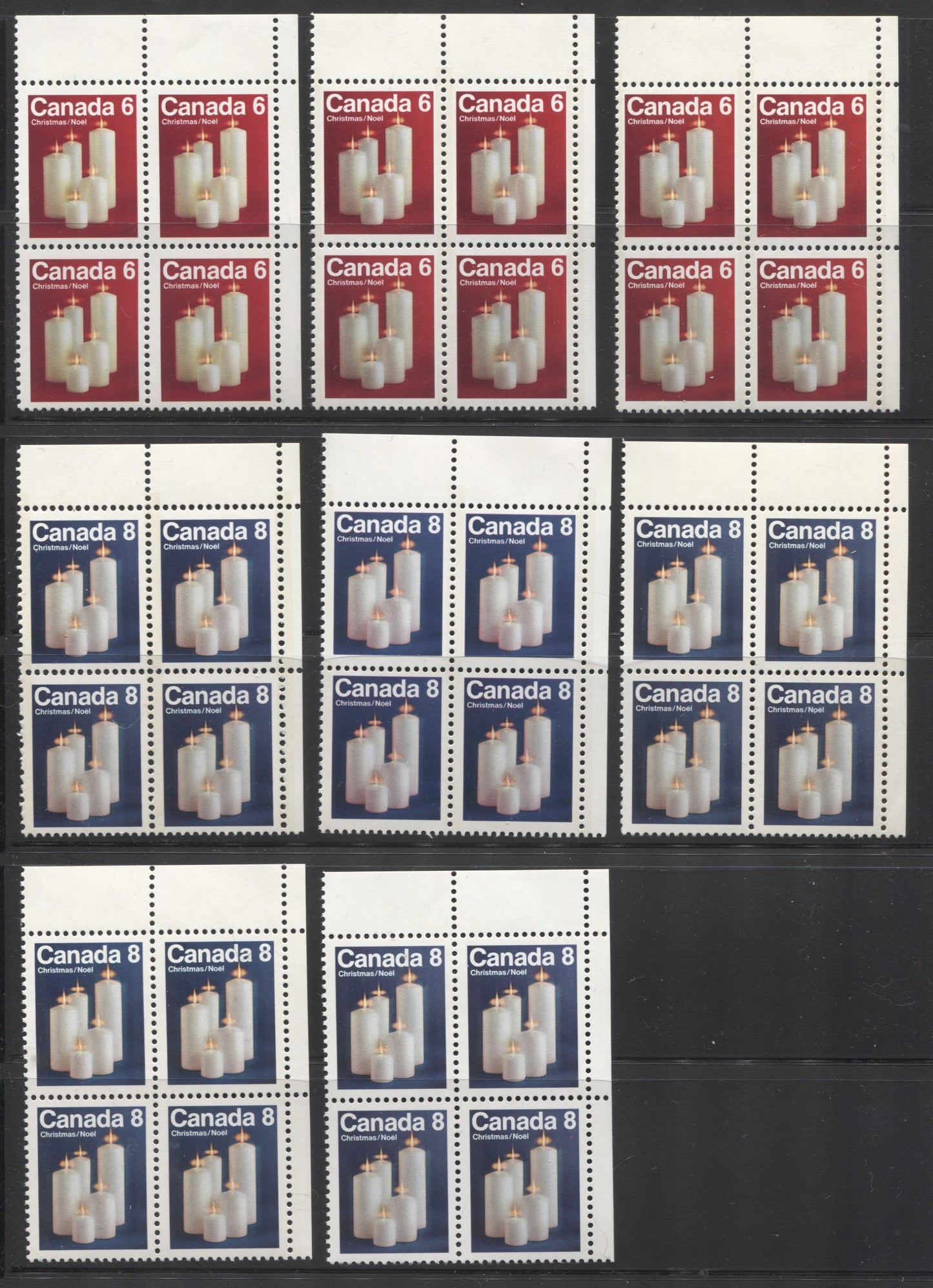 Lot 241 Canada #606pi/609pi 6c-15c Multicoloured Candles and Fruit, 1972 Christmas Issue, 10 Mostly All VFNH Winnipeg and Ottawa Tagged UR Corner Blocks Of 4 With Various Paper Fluorescences, Smooth & Ribbed Papers