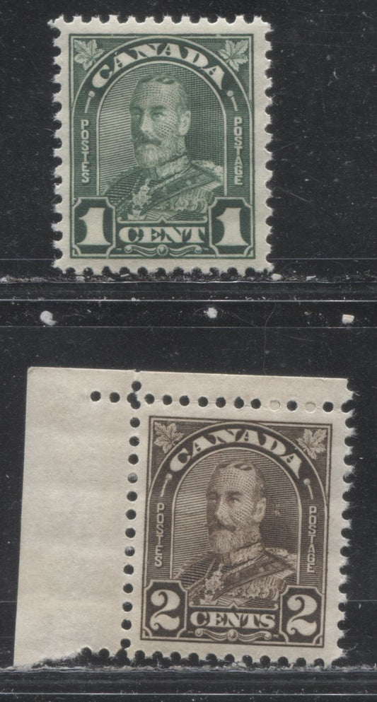 Lot 241 Canada # 163b, 166 1c & 2c Deep Green & Black Brown King George V, 1930-1935 Arch Issue, Two VFNH Examples, Dies 1 and 2