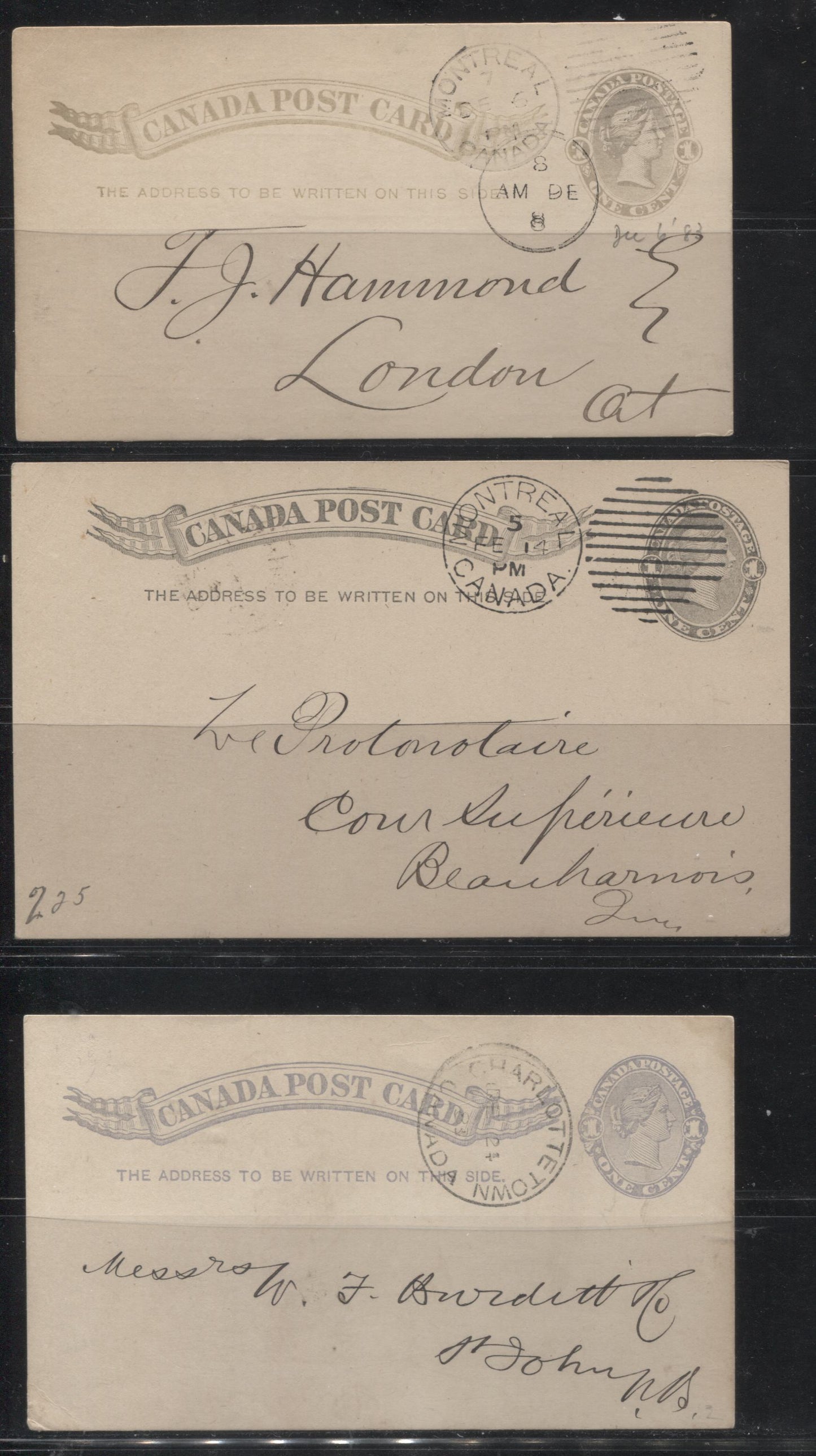 Lot 241 Canada #UX5, a, d, UX9, UX13-14 1c  Queen Victoria, 1870-1897 Small Queen Issue, A Group of 8 Fine to Very Fine Used Postcards - Various Shades and Sizes