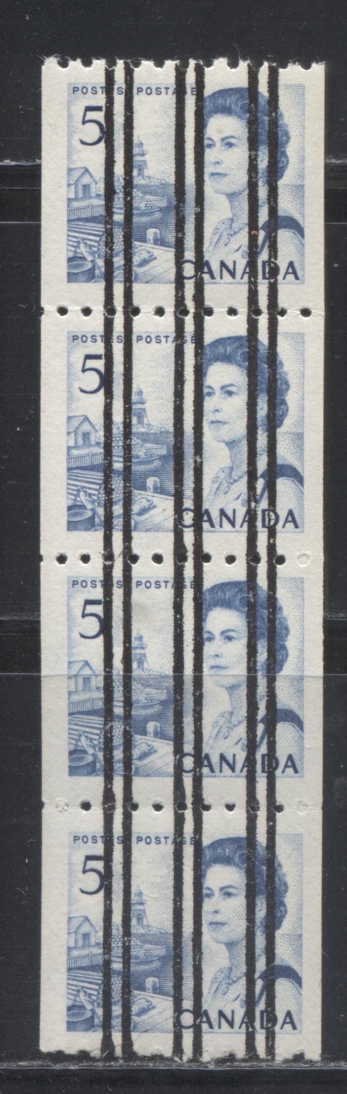 Lot 242 Canada #468xxvar 5c Blue Fishing Village, 1967-1973 Centennial Definitive Issue, A VFNH Precancelled Wide Spacing Coil Strip, DF-fl Bluish White, Vertical Wove, Smooth Dex