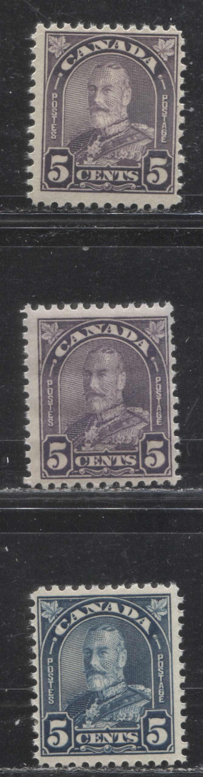 Lot 243 Canada # 169-170 5c Dull Purple, Rose Purple & Deep Steel Blue King George V, 1930-1935 Arch Issue, Three Fine NH Examples, White and Deep Cream Gums With a Semi-Gloss Sheen