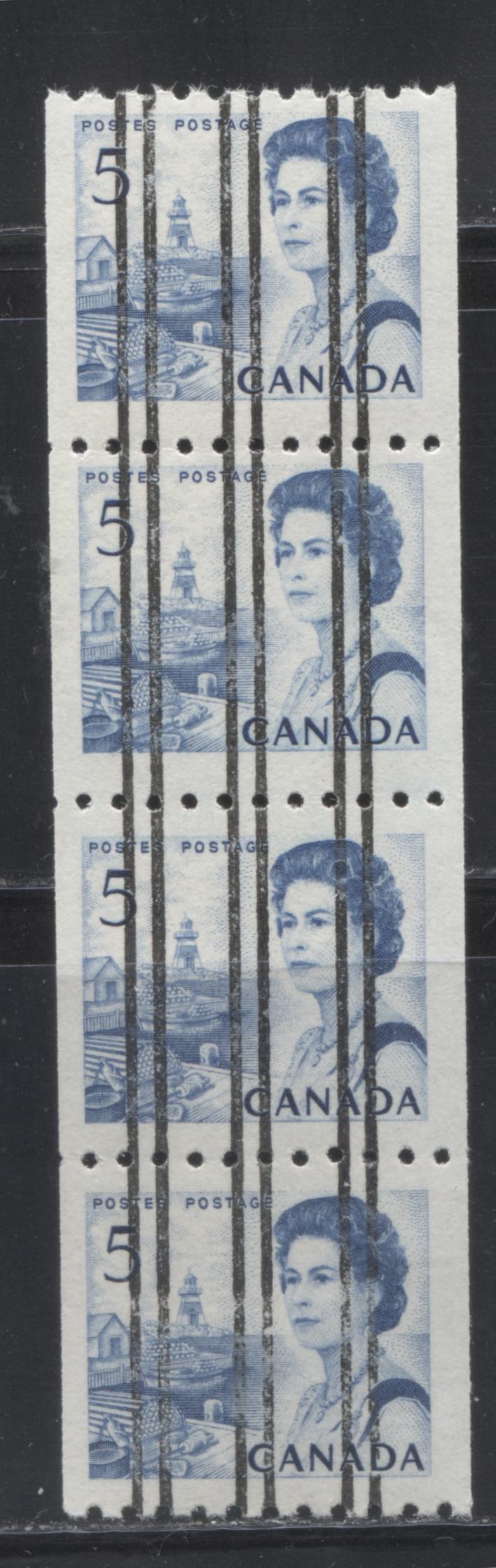 Lot 244 Canada #468xxvar 5c Blue Fishing Village, 1967-1973 Centennial Definitive Issue, A VFNH Precancelled Wide Spacing Coil Strip, LF-fl Bluish White, Vertical Wove, Smooth Dex