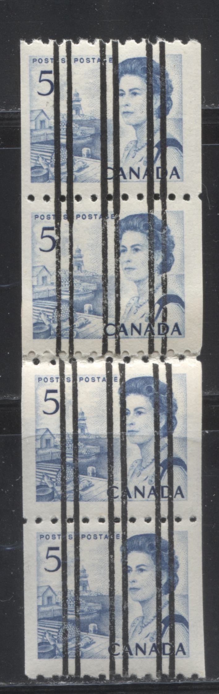 Lot 245 Canada #468xxvar 5c Blue Fishing Village, 1967-1973 Centennial Definitive Issue, A VFNH Repair Paste-Up Coil Strip, LF-fl Bluish White, Vertical Wove, Smooth Dex